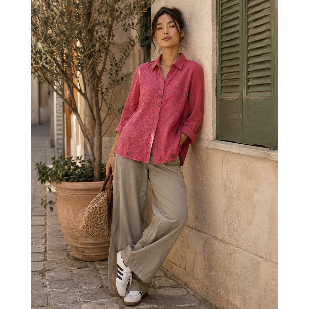 Lulu B Shirt Womens Small Pink Button Up Coastal Grandma Linen Look Crinkle